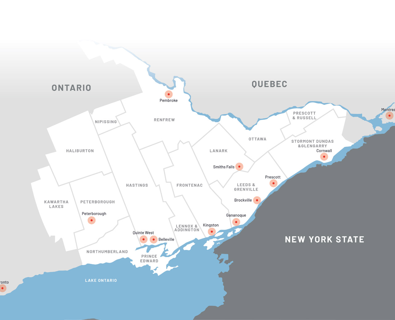 Map of Eastern Ontario showing nidus3D service areas including Kingston, Ottawa, Frontenac County, Leeds and Grenville, and surrounding regions